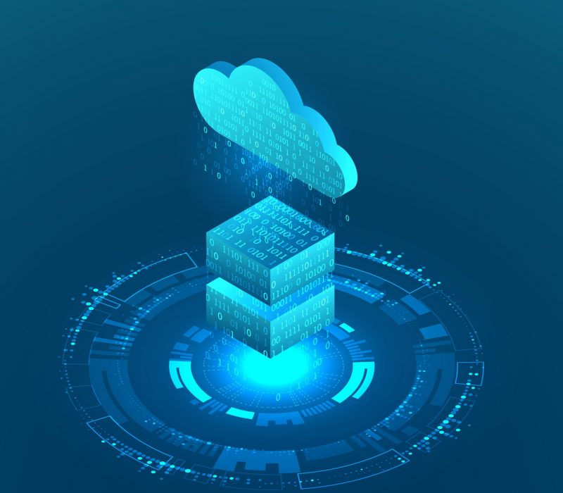 Isometric big data flow processing concept, cloud database. Abstract technology background. Vector illustration